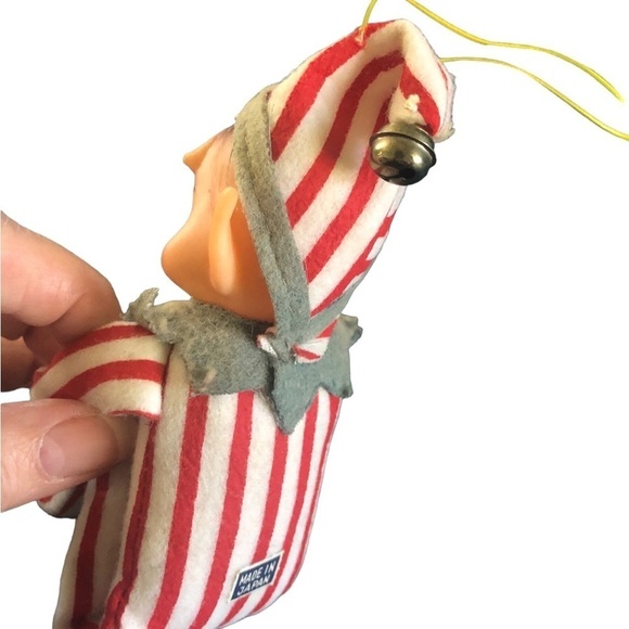 VTG 60’s Pixie Sitting Elf Striped Suit Hat Bell Big Pointy Ears Ornament Japan - Picture 5 of 7